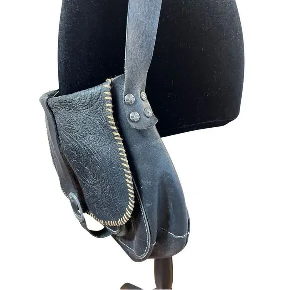 Patricia Nash Barcelona Black Tooled Leather Large Crossbody Saddle Bag Purse - Picture 12 of 15